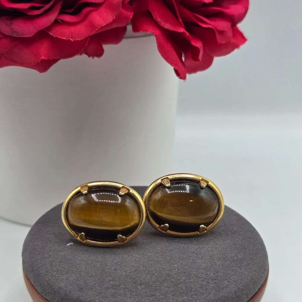 Vintage Gold Tone Oval Tiger Eye Gemstone Cufflinks Men's Formal Wear Estate